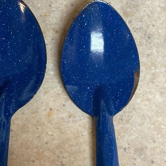 Vintage White And Blue Speckled Enamelware Spoons Four Piece - Picture 3 of 8